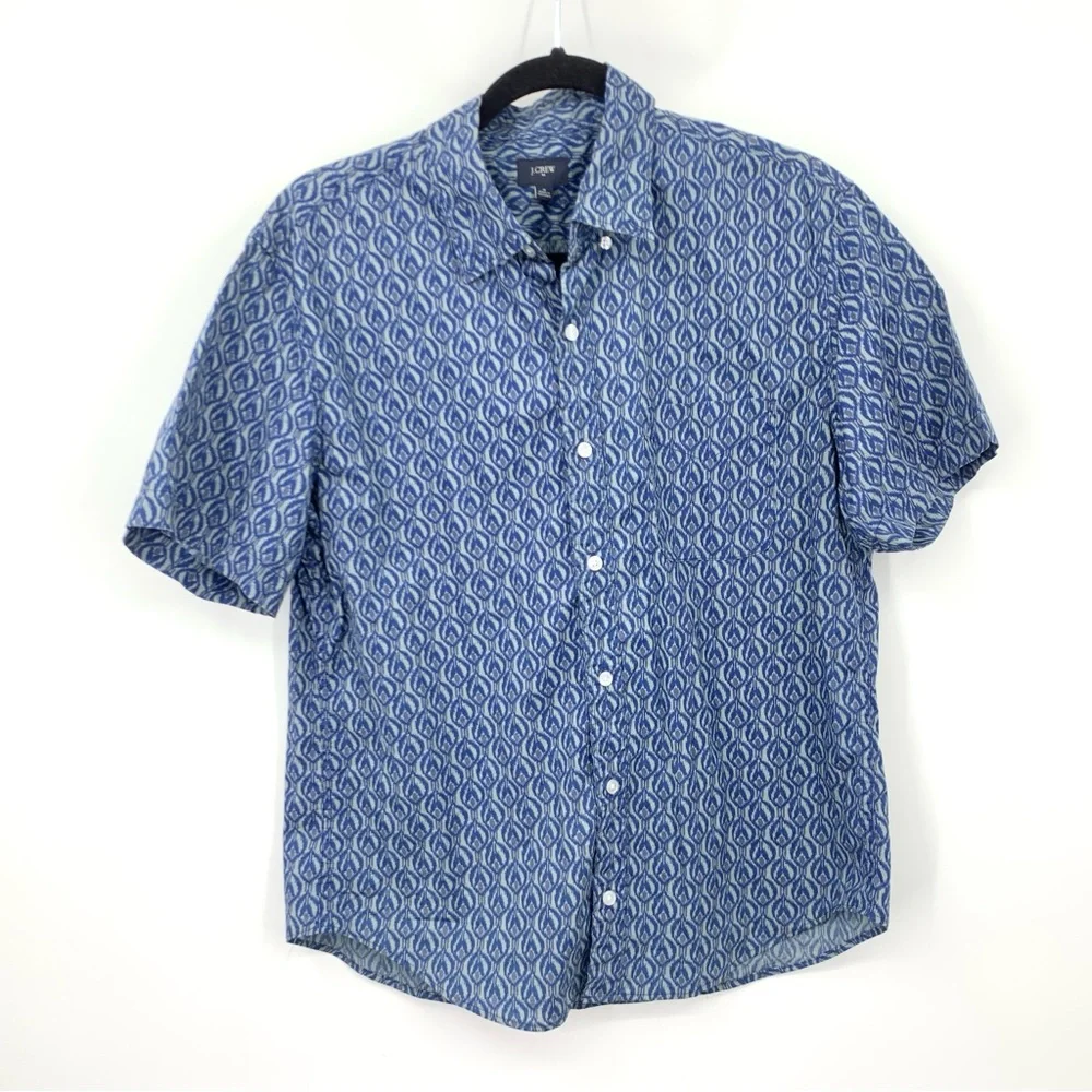J Crew Men Size Medium Shirt Short Sleeve Top Blue Gray Printed Stretch Flex